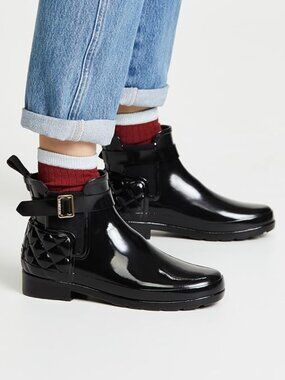 Hunter Women's Black Refined Gloss Quilted Ankle Chelsea Rain Boots Size 8